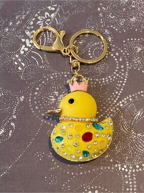 ADORABLE Yellow Jeweled Duck Bag Charm or Keychain with Pink Crown